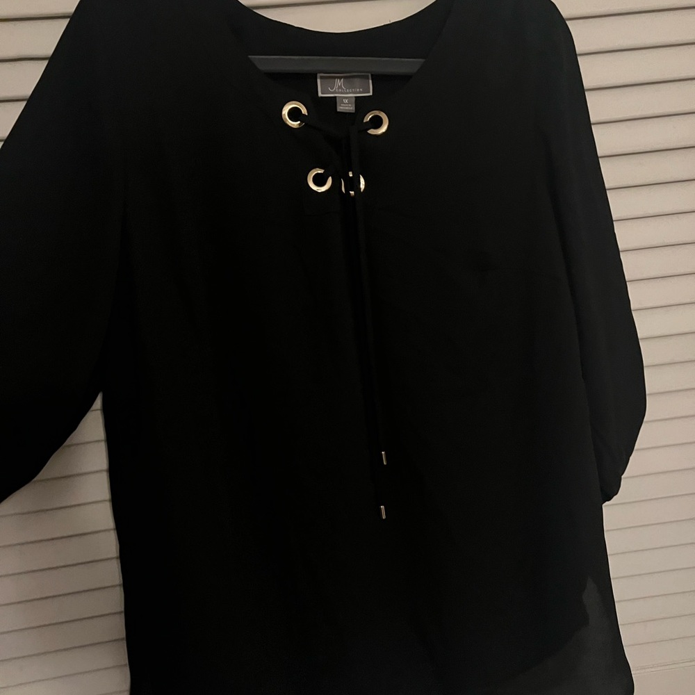 NWT Beautiful black plus size shirt with lace up front and detailed designs